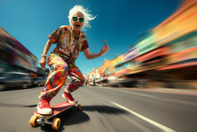 An old lady in her 80s rides a longboard with an action camera in her hands