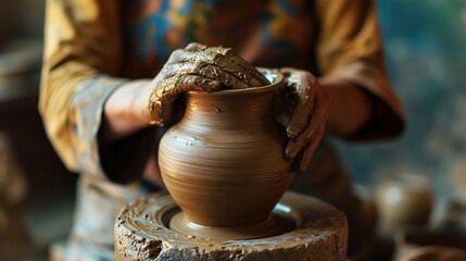 The potter's hands are gently and surely formed by a clay pot on a potter's wheel. The master potter works in a workshop. Hobbies and leisure