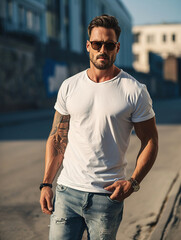 Wall Mural - A young man in a classic oversized white blank T-shirt, blue jeans and sunglasses stands on a city street. Style and fashion clothing mock up template.