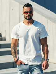 Wall Mural - A young man in a classic oversized white blank T-shirt, blue jeans and sunglasses stands on a city street. Style and fashion clothing mock up template.