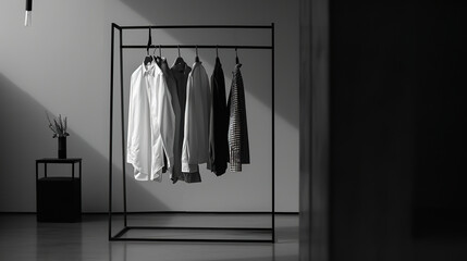 Minimal monochrome black and white fashionable capsule wardrobe of a modern business lady on an open hanger. Fashion trends background