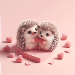 Couple of cute fluffy baby hedgehog toys sitting on a heart platform on a pastel pink background. Saint Valentine's Day love concept. Wide screen wallpaper. Web banner with copy space for design.