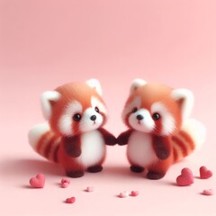 Couple of cute fluffy baby red panda toys on a pastel pink background. Saint Valentine's Day love concept. Wide screen wallpaper. Web banner with copy space for design.