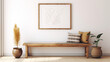 Rustic Entryway Charm: Wooden Bench Against White Wall with Poster Frame in Ethnic Farmhouse