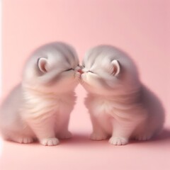 Couple of cute fluffy gray baby kitten toys kissing on a pastel pink background. Saint Valentine's Day love concept. Wide screen wallpaper. Web banner with copy space for design.