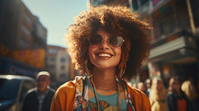 Retro Afro American Woman With Vintage Sunglasses On The Street