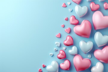 Wall Mural - Valentine's Day background with copy space and three-dimensional hearts. Generative Ai.