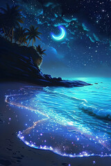 The Moon Night And Sea. Fiction. Concept Art. Realistic Illustra