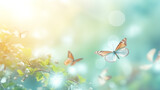 Fototapeta Natura - Spring background with blooming cherry tree and butterfly.