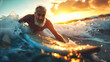 a skinny old man surfing the waves. 
