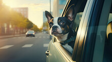 A French Bulldog Dog Looks Out Of A Car Window Driving Along A City Road. Products And Equipment For Traveling With A Pet.