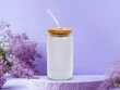 Dye sublimation 16oz frosted glass can on lilac background. Add your own image 