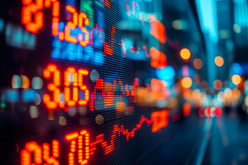 Financial stock exchange market display screen board on the street, selective focus. The concept of fundamental analysis. Double exposure.