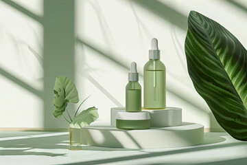 cosmetic products on white podium with tropical leaves and shadows