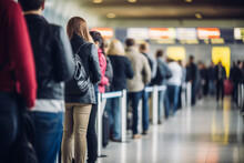 People at the airport, passenger waiting in queue to check in and drop off luggage. Travelers waiting in line for security check in airport terminal