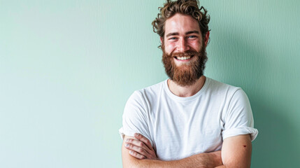 emotion expression. very happy joyful thrilled to bits man with beaming smile. young handsome bearded guy portrait on green background.