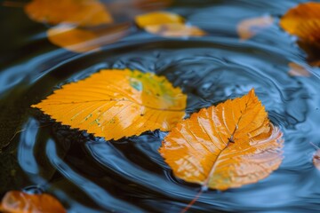 Poster - Colorful fall leaves in pond lake water, floating autumn leaf.