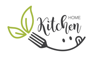 Home kitchen logo with smile, eyes, fork and two green leaves.