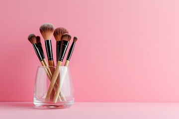 Set of professional makeup brushes, Pink background, copy space