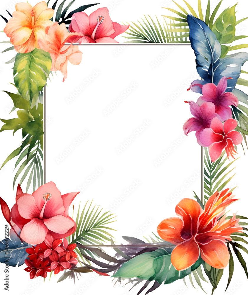 Watercolor frame with tropical leaves, flowers and jungle plants Stock ...