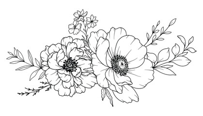 Poster - Spring Flowers Line Drawing. Black and white Floral Bouquets. Flower Coloring Page. Floral Line Art. Fine Line Flowers illustration. Hand Drawn flowers. Botanical Coloring. Wedding invitation flowers
