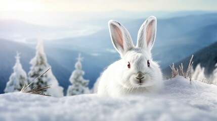 Canvas Print - Cute white bunny on a background of snow and blue sky.