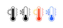 Thermometer Icons. Different Styles, Thermometer With Sun And Snowflake, Cold And Heat On Thermometer Icons. Vector Icons