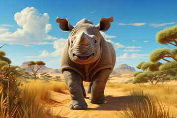 Wall Mural - Cartoon cute rhino in nature. Illustration, AI Generative