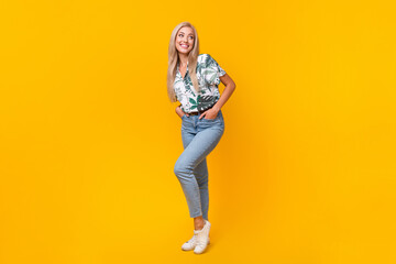 Wall Mural - Full length photo of lovely positive woman wear stylish blouse denim pants look at sale empty space isolated on yellow color background