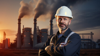 engineer posing with arms crossed and the power plant on sunset and white background