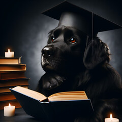 Wall Mural - A black dog dons a graduate hat, engrossed in the pages of a book against a mysterious dark background. This whimsical illustration captures the canine's intellectual charm and love for learning.