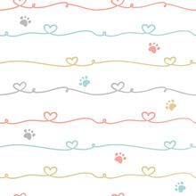 Cute Hand Drawn Seamless Pattern With Heart Line And Pawprint. Cute Pet Dog Or Cat Background. Cute Design For Greeting Card, Scrapbooking, Paper Goods, Background, Textile, Wrapping, Fabric And More.