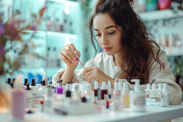 Concept of nail art. Woman gives herself a manicure on a white table