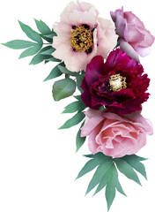 Wall Mural - Pink and red peonies and roses isolated on a transparent background. Png file.  Floral arrangement, bouquet of garden flowers. Can be used for invitations, greeting, wedding card.