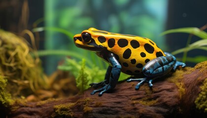 Wall Mural - Yellow and Black Poison Dart Frog Perched on Rock in Natural Environment