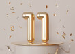 Golden shiny number eleven on beige background with confetti. Symbol 11. Invitation for a eleventh birthday party or business anniversary. 3D Render.
