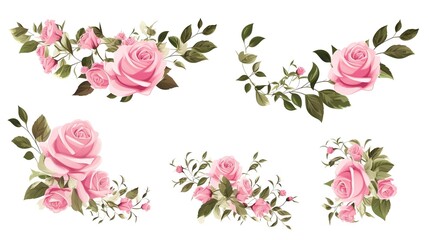 Wall Mural - Spring sakura cherry blooming flowers bouquet. Isolated realistic pink petals, blossom, branches, leaves vector set. Design spring tree illustration,generative ai