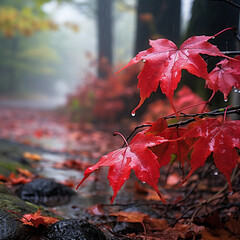 Poster - Autumn leaves in a foggy forest with water droplets. Generative 