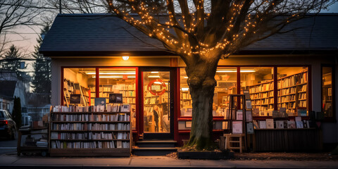 Twilight view of quaint bookstore adorned with twinkling tree lights