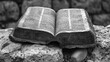 Bible on a stone background. Black and white photo of an old book.