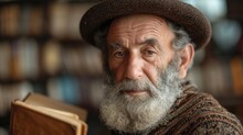 Portrait Of An Old Jewish Man With A Book In His Hands In Library.