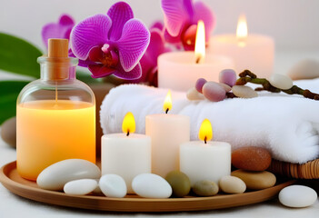 Spa setting with orchid,bottles of essential oil l ,