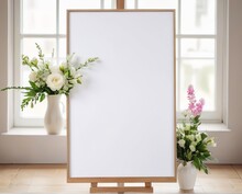 Blank White Wedding Welcome Sign Mockup: Elegant Template On Easel With Bright Window And Flower Vase Background. Generative AI.