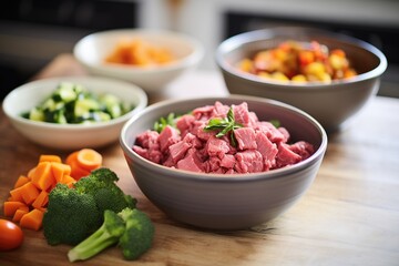 Poster - raw diced beef and vegetables prepped in separate bowls