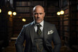 © aicandy - A Middle-aged Bald Man with Piercing Eyes, Wearing Cufflinks, Exudes Confidence and Authority as He Stands Against a Backdrop of a Vintage Library