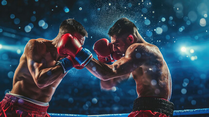 Two young professional boxer having a competition tournament on stage. Attractive male athlete fighters muscular shirtless punches and hitting competitor enjoy boxing exercise in the ring at stadium.