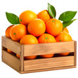 fresh oranges with green leaves in a wooden box on a transparent background