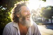 Joyful middle-aged man with a stocky build and a full beard, sitting in a sunlit park, his face crinkled by laugh lines that tell a story of a life filled with laughter