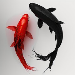 Sticker - red and a black Koi that intertwine, grey background