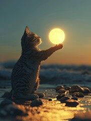 Wall Mural - a cat on a beach, with its paw reaching around a large, glowing yellow moon